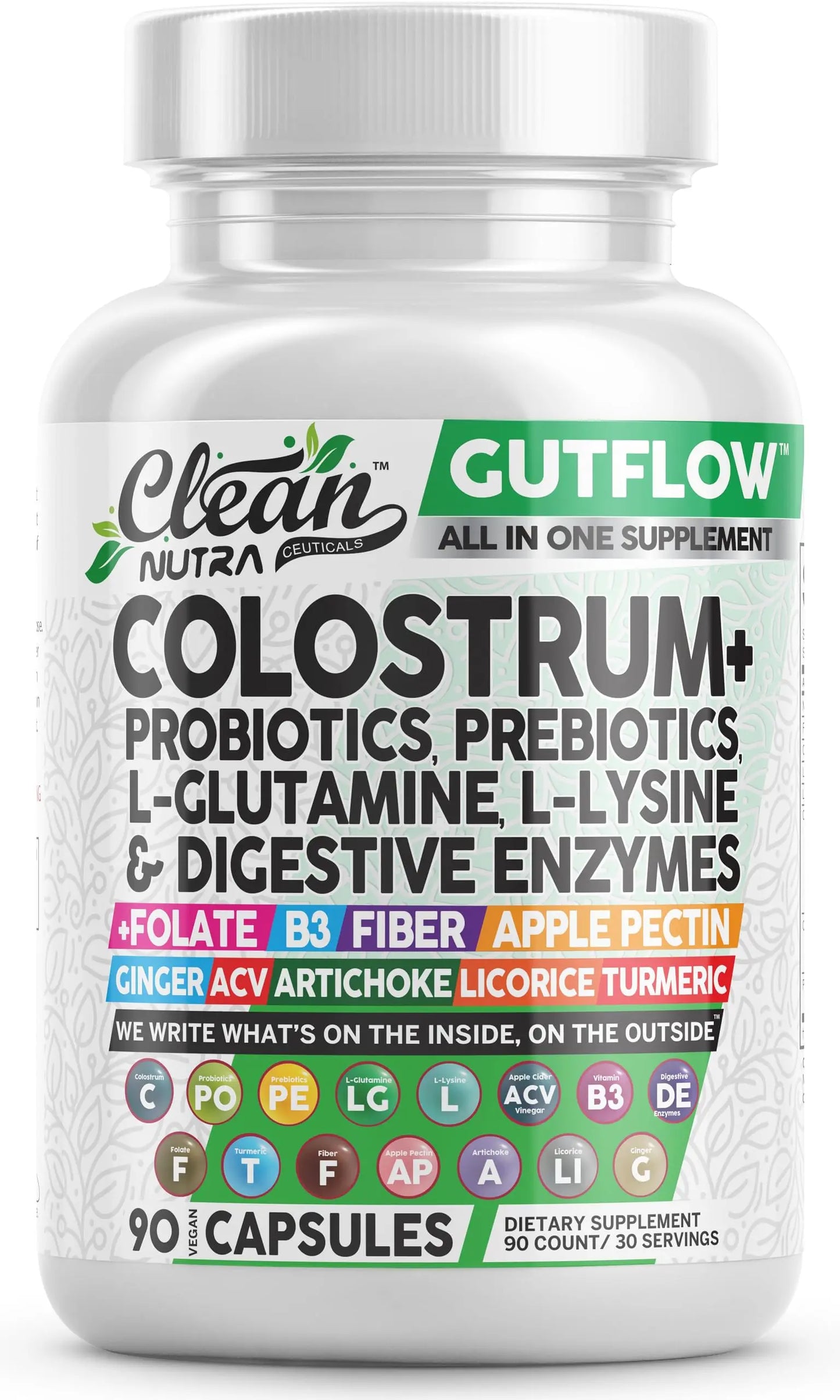 Clean Nutraceuticals Colostrum Supplement Capsules Probiotics Pills Prebiotics, L-Glutamine, Digestive Enzymes, Folate, Fiber, ACV, Turmeric, Apple Pectin and Turmeric Pills Clean Nutraceuticals