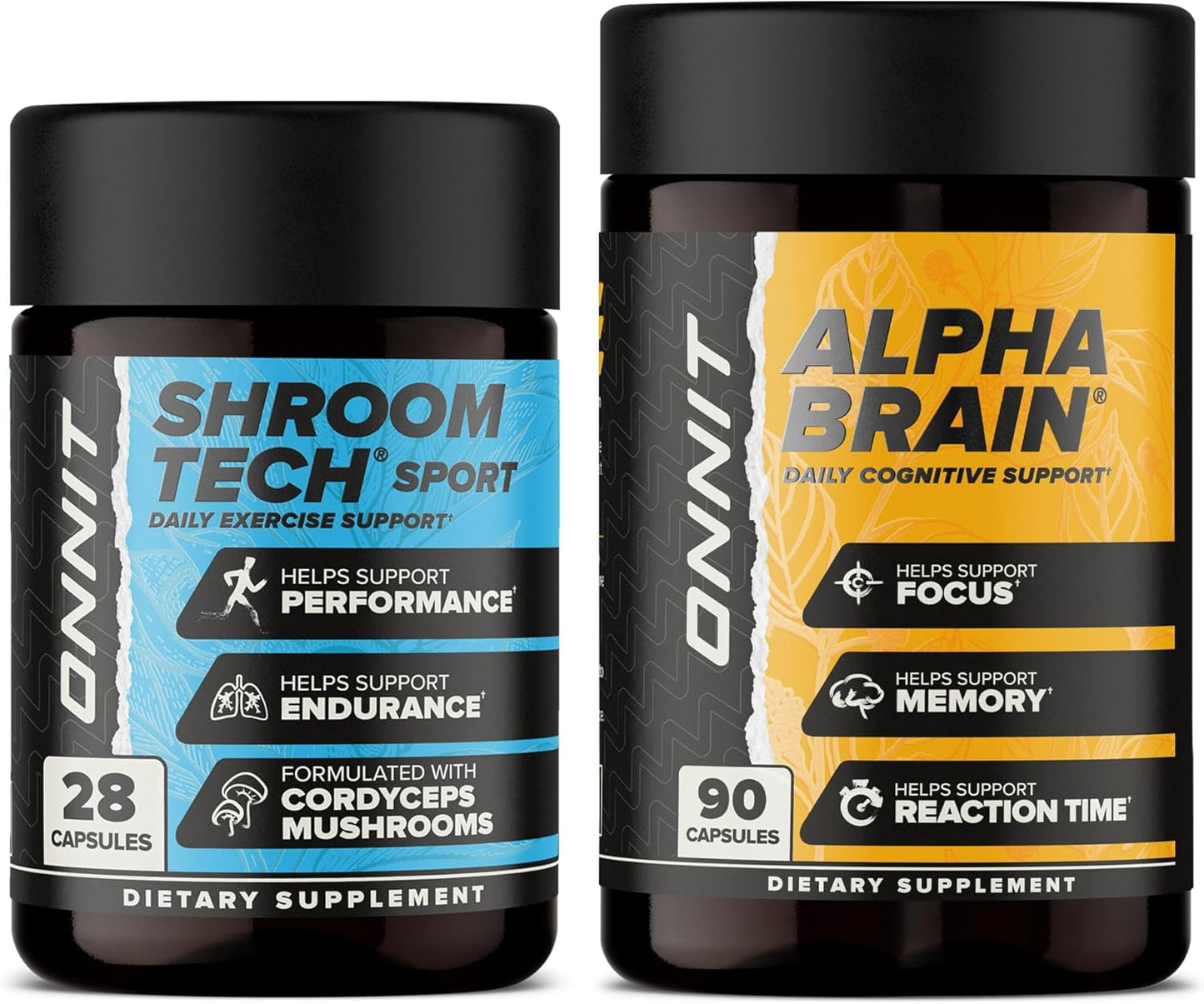 ONNIT Cognitive & Endurance Support Bundle: Alpha Brain Nootropic Capsules (90 Count) + Shroom Tech Sport Exercise Support Capsules (28 Count), IGEN Non-GMO Tested Focus, Energy & Endurance, 2 Pack