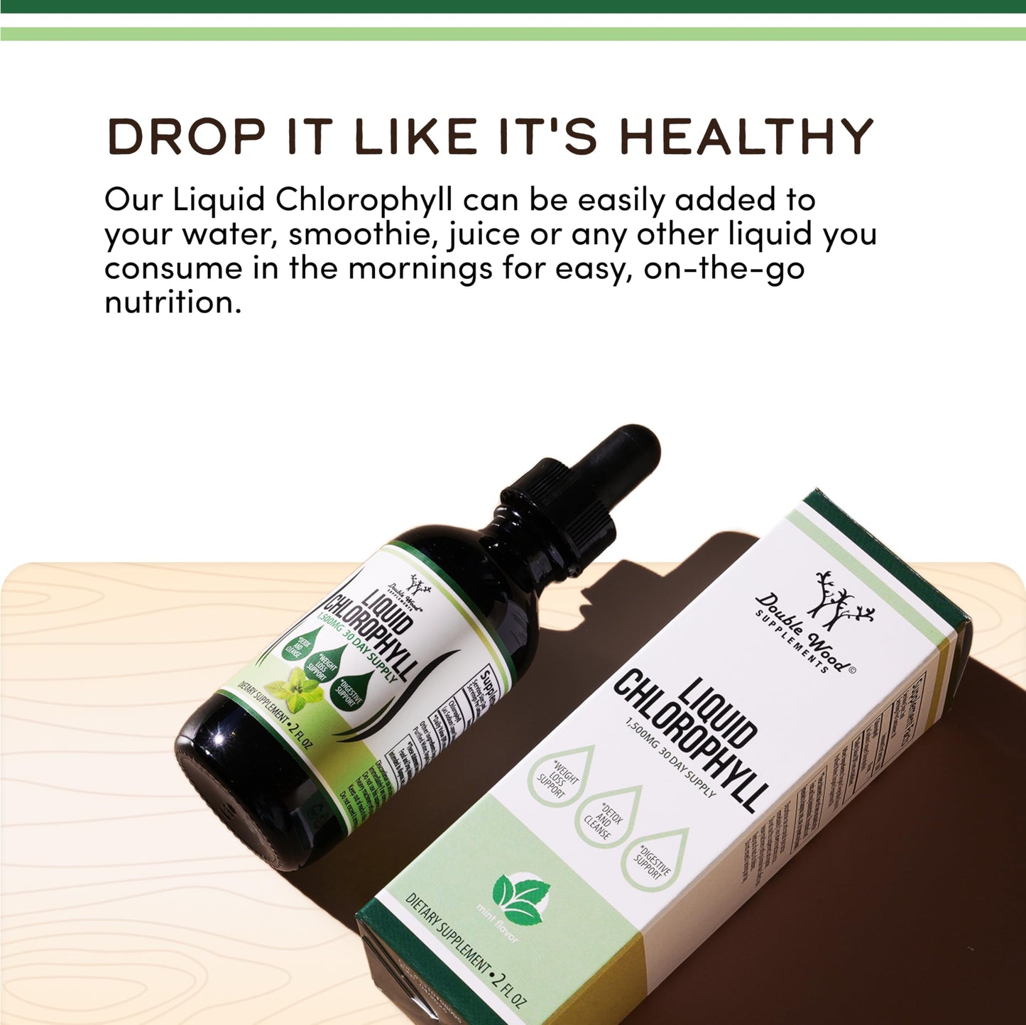 Chlorophyll Liquid Drops - for Digestion, Gut Health, Energy and Detox - Vegan Safe Double Wood Supplements