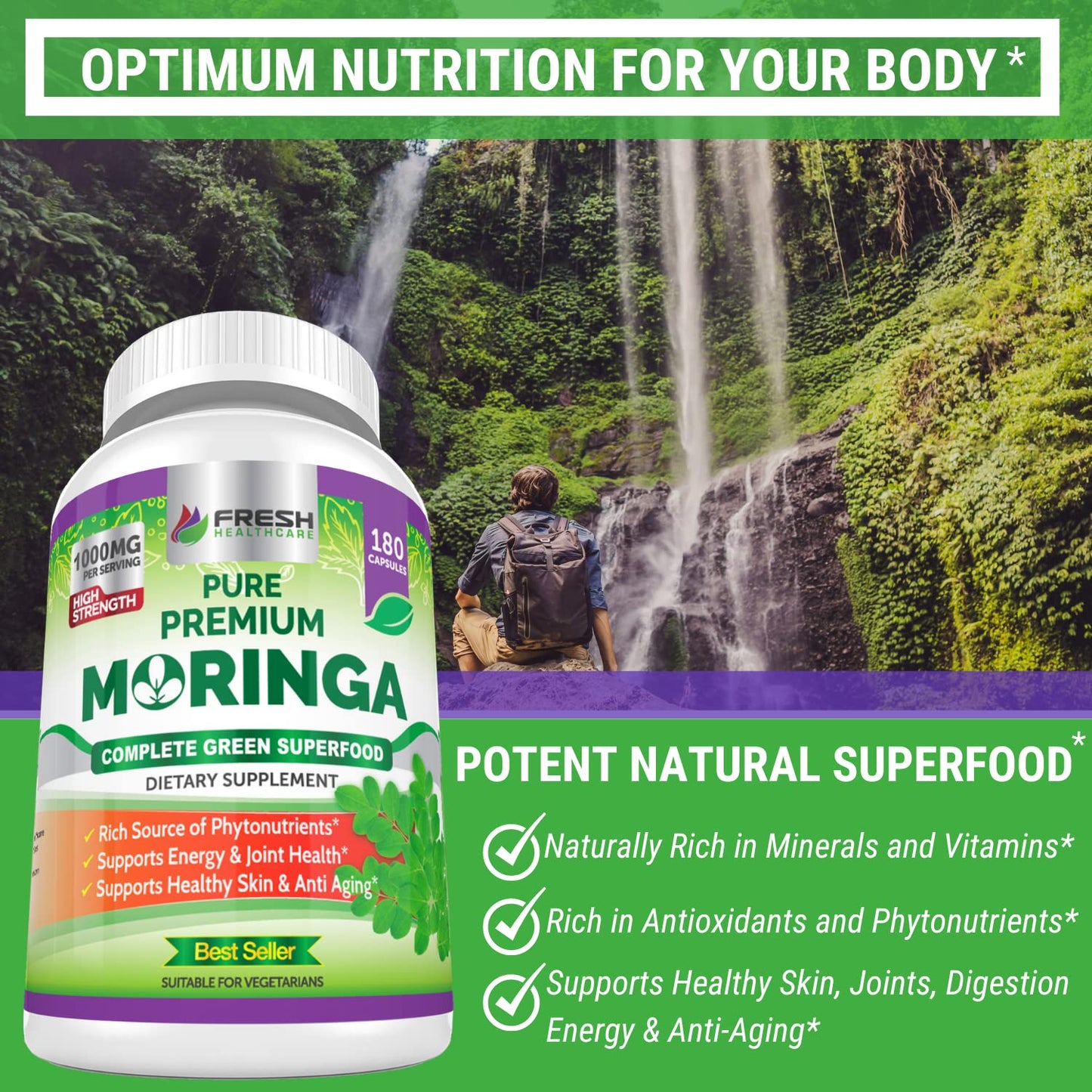 FRESH HEALTHCARE Moringa Capsules – 100% Pure Leaf Powder - 180 Pills, Non-GMO - 3 Month Supply - Complete Green Superfood for Energy FRESH HEALTHCARE