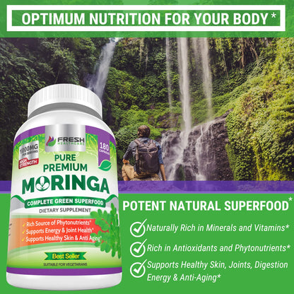 FRESH HEALTHCARE Moringa Capsules – 100% Pure Leaf Powder - 180 Pills, Non-GMO - 3 Month Supply - Complete Green Superfood for Energy FRESH HEALTHCARE