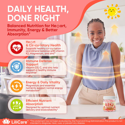 Vitamin D3 K2 Gummies 5000IU / 10,000 IU with 500mg Calcium + K2(MK-7) 200mcg, Magnesium, Vitamin C & Zinc, Extra Strength - Ultimate Absorbency for Bones LILICARE