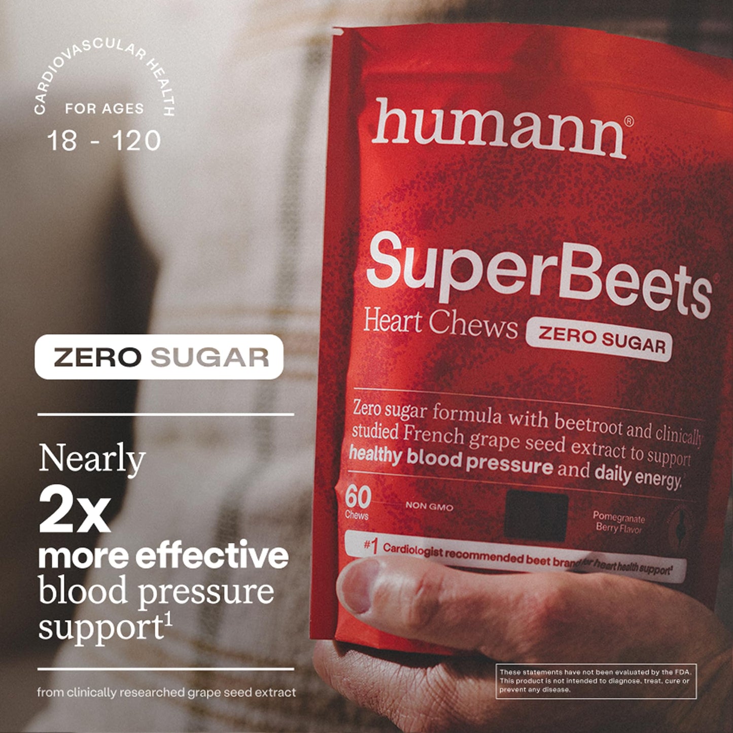 Humann SuperBeets Heart Chews Zero Sugar, Beet Root Supplement, Energy, Nitric Oxide and Blood Pressure Support, Grape Seed Extract & Non-GMO Humann