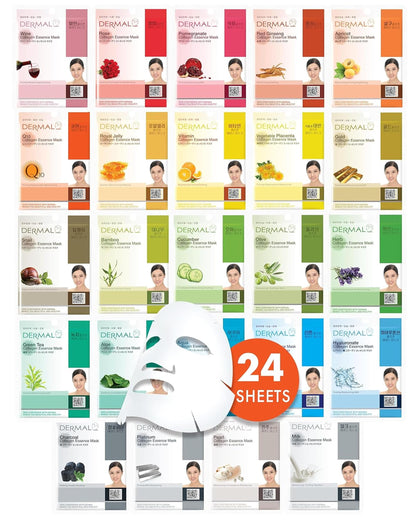 DERMAL 24 Combo Korean Essence Sheet Mask Variety Pack, Collagen & More DERMAL