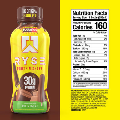 RYSE Protein Shake - Fudgsicle The Original Fudge Pop - 30g Protein Ready to Drink - 160 Calories, Zero Added Sugar, Gluten Free - Smooth & Delicious Nostalgic Flavors - 12 Fl Oz (12 Pack)