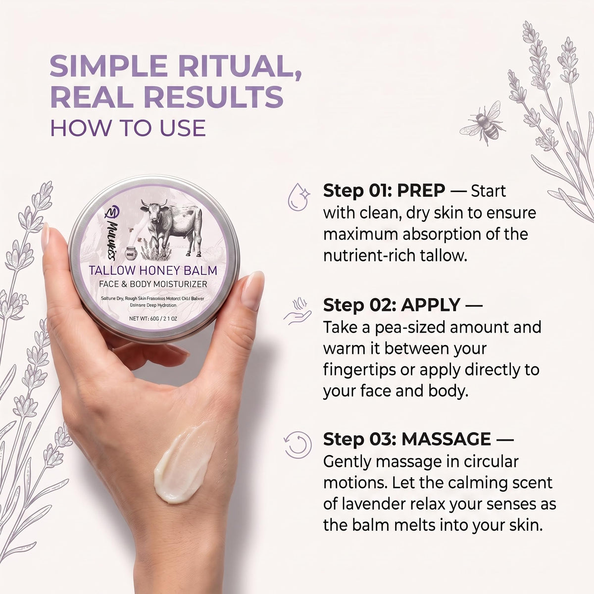 Beef Tallow for Skin – 2Pcs Beef Tallow for Face Cream, Grass-Fed Tallow and Raw Honey Balm with Lavender Essential Oil, Whipped Natural Tallow Face Moisturizer Makeup Cleansing Milk for Dry Home&Away Mulukiss
