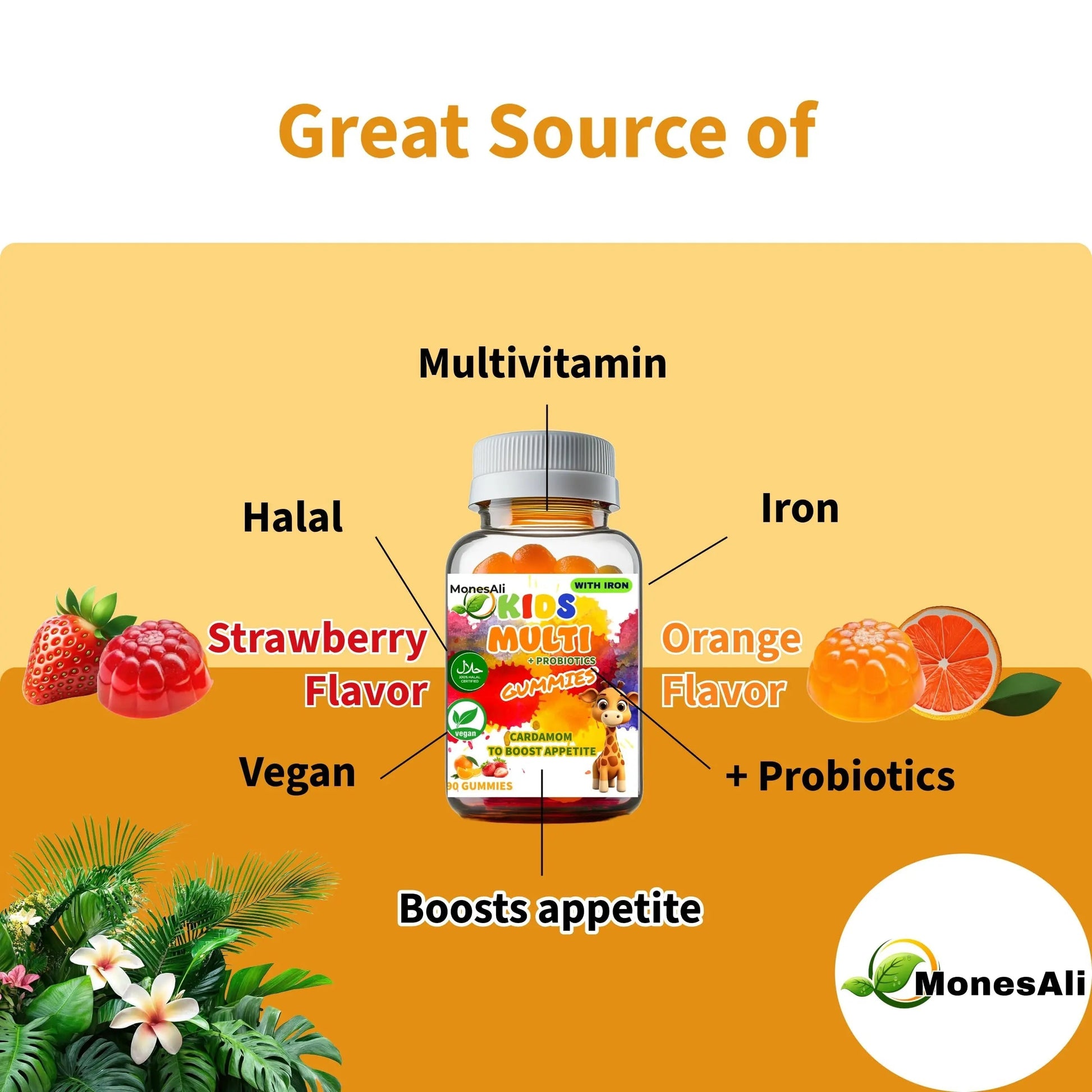 MonesAli Kids Multivitamin Gummies with Iron & Probiotics – Vegan, Gelatin-Free, Halal, Orange & Strawberry Flavors, 90 Count MonesAli buy australia supplements