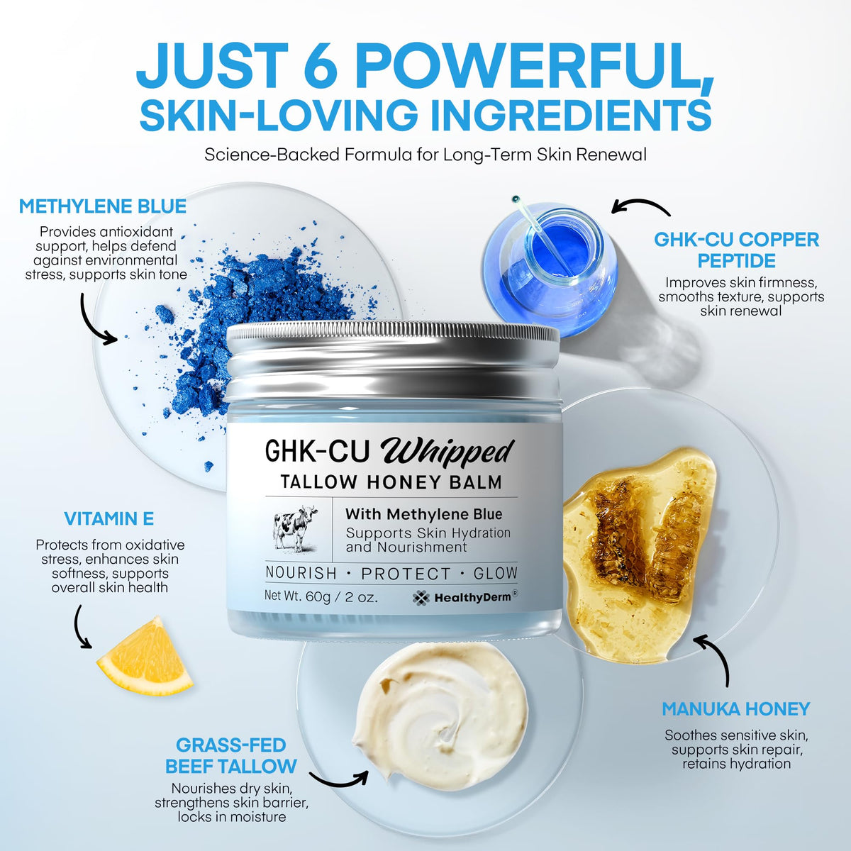 HealthyDerm Copper Peptides GHK-Cu Beef Tallow for Skin: Blue Balm with Methylene Blue, Manuka Honey & Vitamin E – Natural Face and Body Moisturizer for Mature, Dry & Sensitive Skin – 2oz HealthyDerm