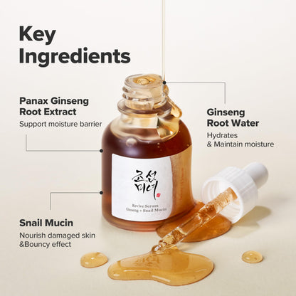 Beauty of Joseon Revive Snail Mucin Ginseng Serum Hydrating Peptide Facial Moisturizer Dark Spot Acne Scar Remover for Sensitive Face. Korean Skin Care for Men and Women, 30ml, 1fl. Oz Beauty of Joseon
