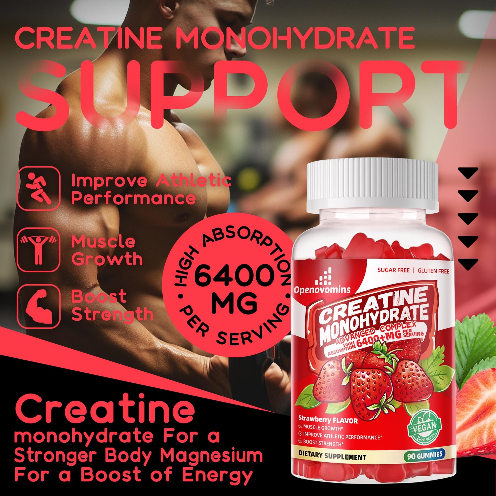 Creatine Monohydrate Gummies Complex for Men & Women -Advanced Formula W/L-Taurine + Vitamin B12, Sugar Free Chewable Supplement,90 Strawberry Gummies Openovomins buy australia supplements