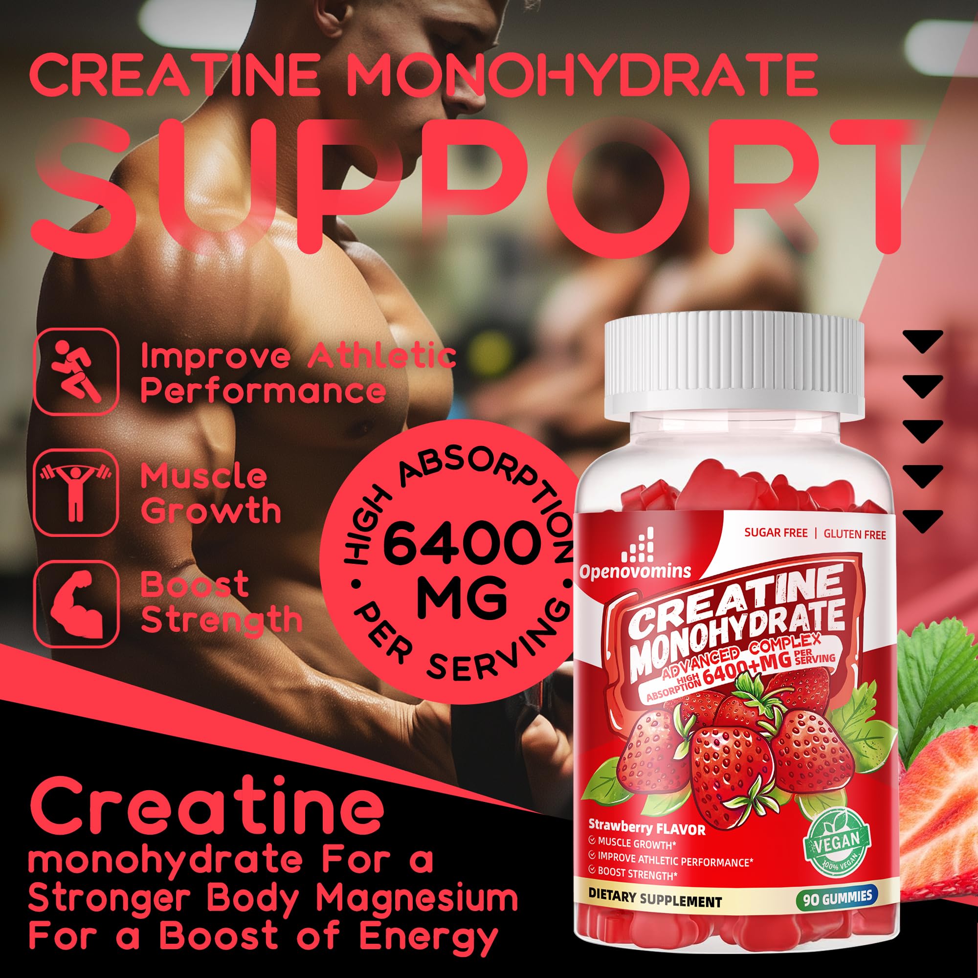 Creatine Monohydrate Gummies Complex for Men & Women -Advanced Formula W/L-Taurine + Vitamin B12, Sugar Free Chewable Supplement,90 Strawberry Gummies Openovomins buy australia supplements