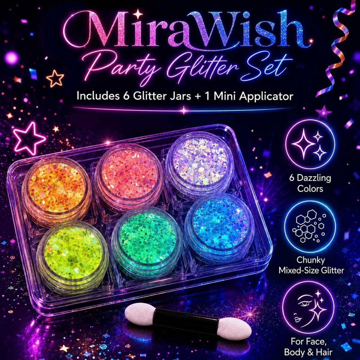 6 Colors Glow in the Dark Glitter Gel, UV Face Body Hair Makeup MiraWish