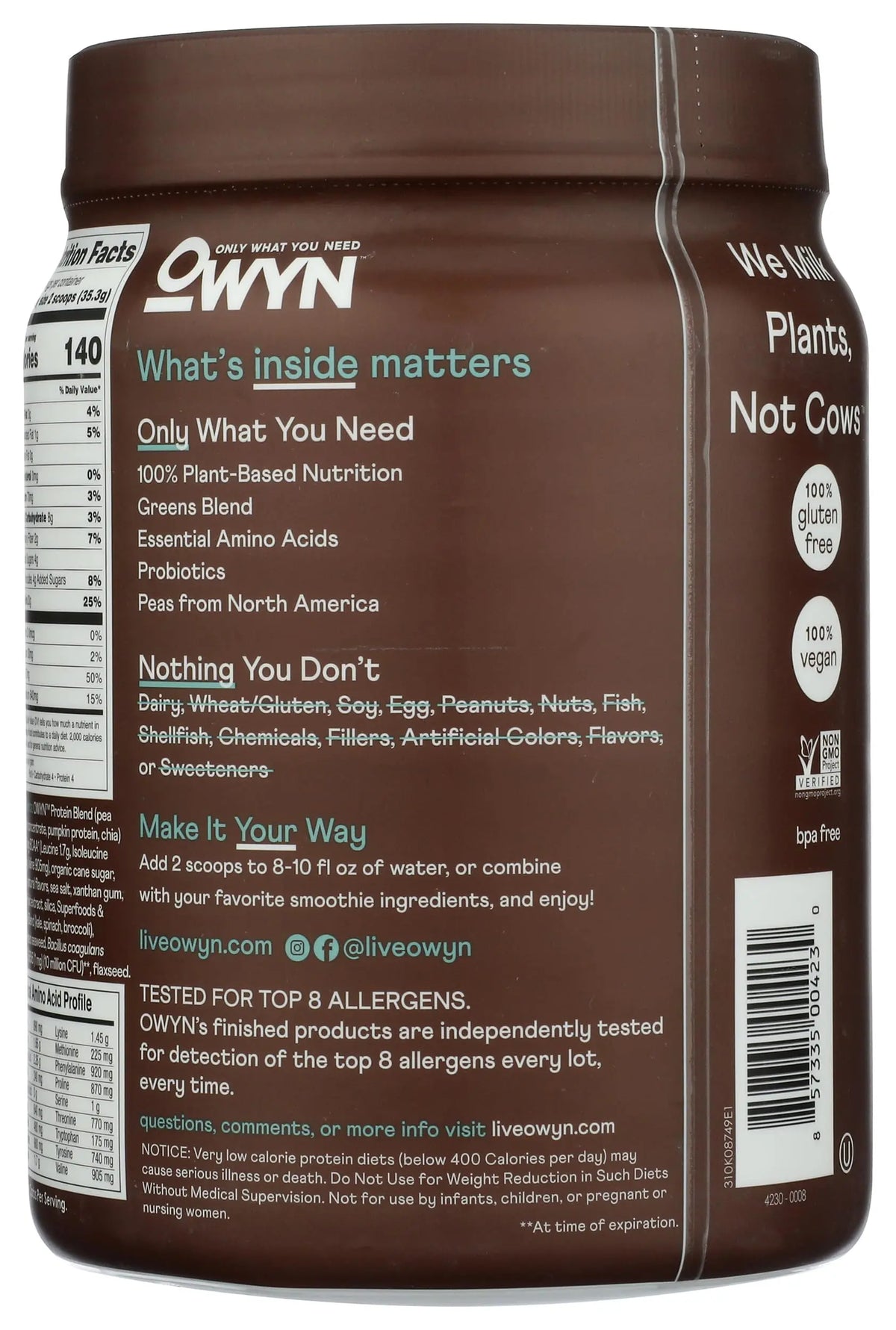 OWYN Only What You Need Plant-Based Protein Powder, Dark Chocolate, 1.17 lbs OWYN Only What You Need