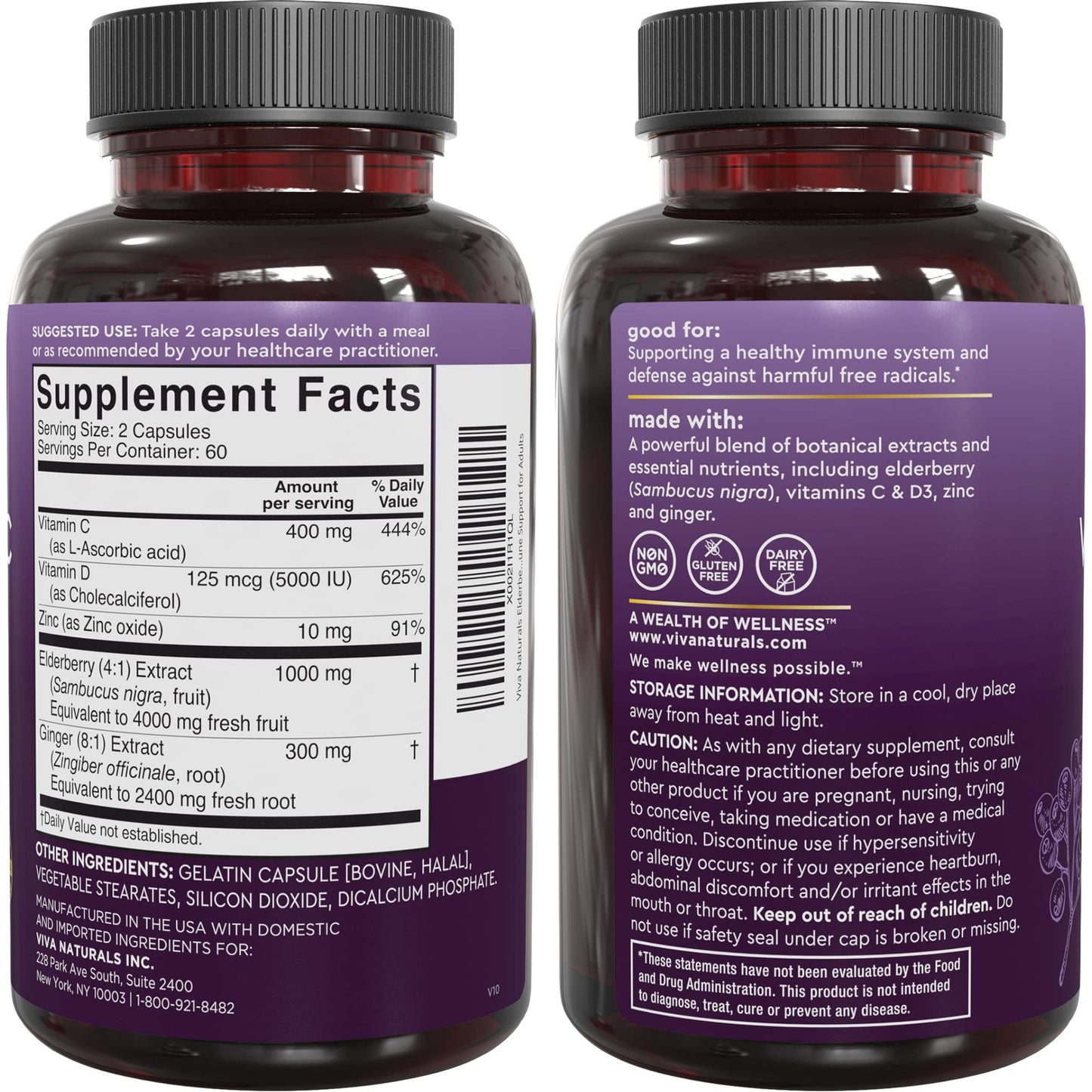 Viva Naturals Elderberry with Vitamin C and Zinc for Adults - 5 in 1 Sambucus Black Elderberry Capsules with Vitamin D3 5000 IU Immunity Supplement Viva Naturals