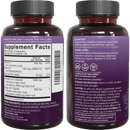 Viva Naturals Elderberry with Vitamin C and Zinc for Adults - 5 in 1 Sambucus Black Elderberry Capsules with Vitamin D3 5000 IU Immunity Supplement Viva Naturals