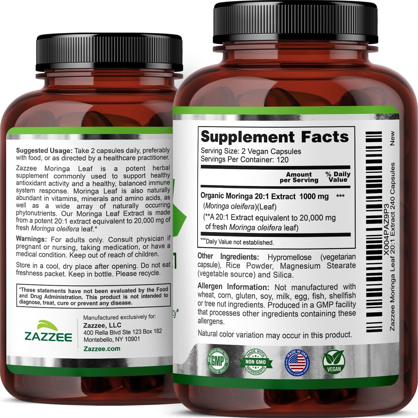 Zazzee USDA Organic Moringa Leaf 20:1 Extract, 180 Vegan Capsules | 3 Month Supply, Certified Kosher, Moringa Oleifera, Antioxidant, Immune & Cellular Support, Superfood Supplement, Made in USA Gsupps Australia