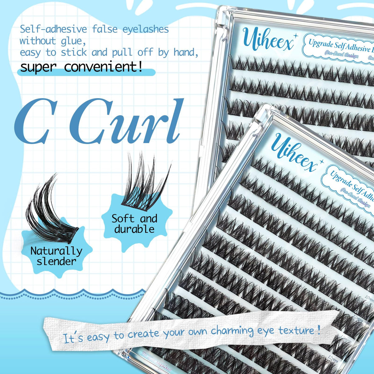 Uiheex Self Adhesive Lash Clusters Natural Self Adhesive Eyelashes,Pre glued Eyelash Clusters No Glue Needed Lashes Wispy,C- curly,DIY cluster eyelash extensions,8-14mm 120pcs Uiheex