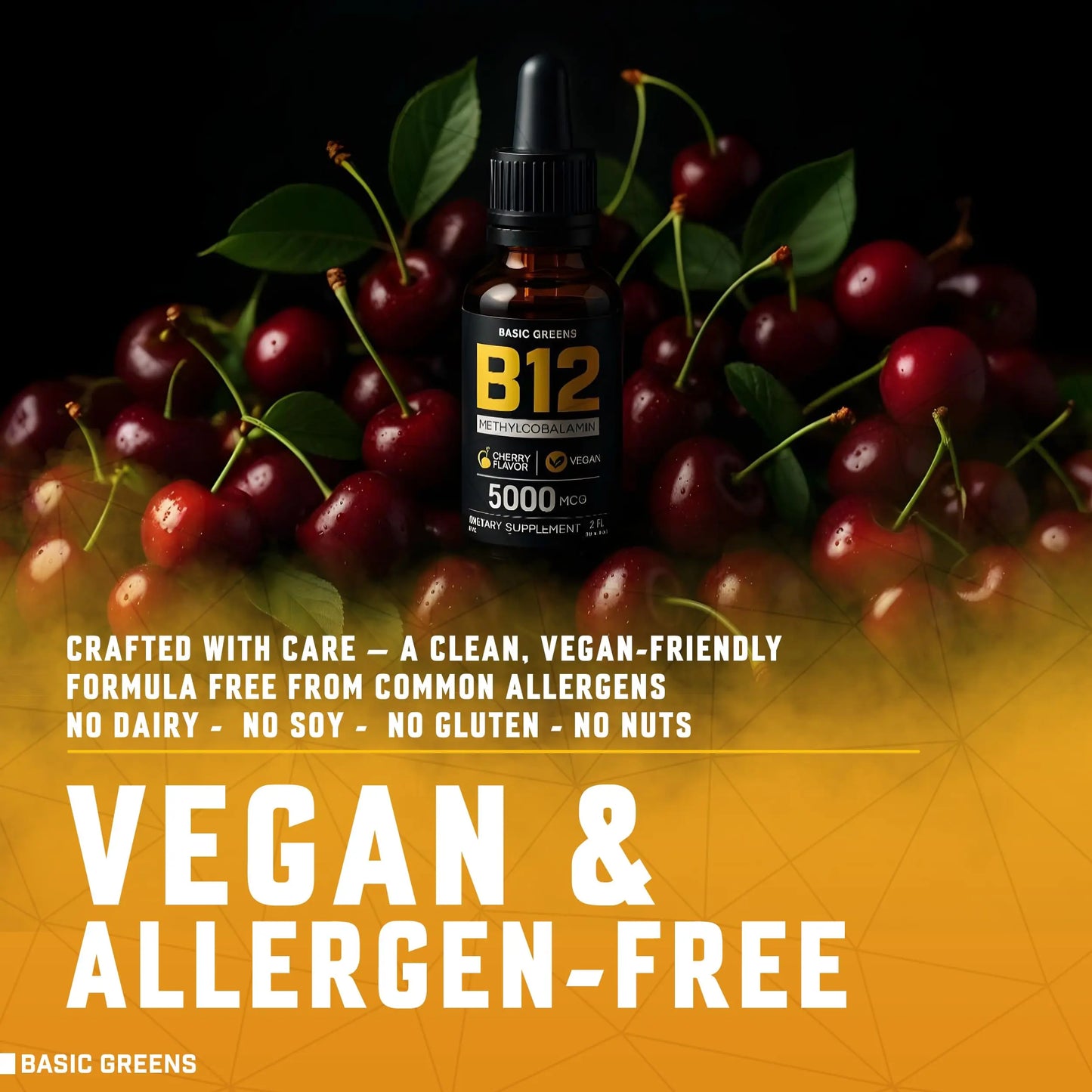 Vitamin B12 Sublingual Liquid Drops 5000 mcg – Vegan Methyl B-12 Supplement for Energy & Focus – B 12 Vitamin for Women & Men BASIC GREENS