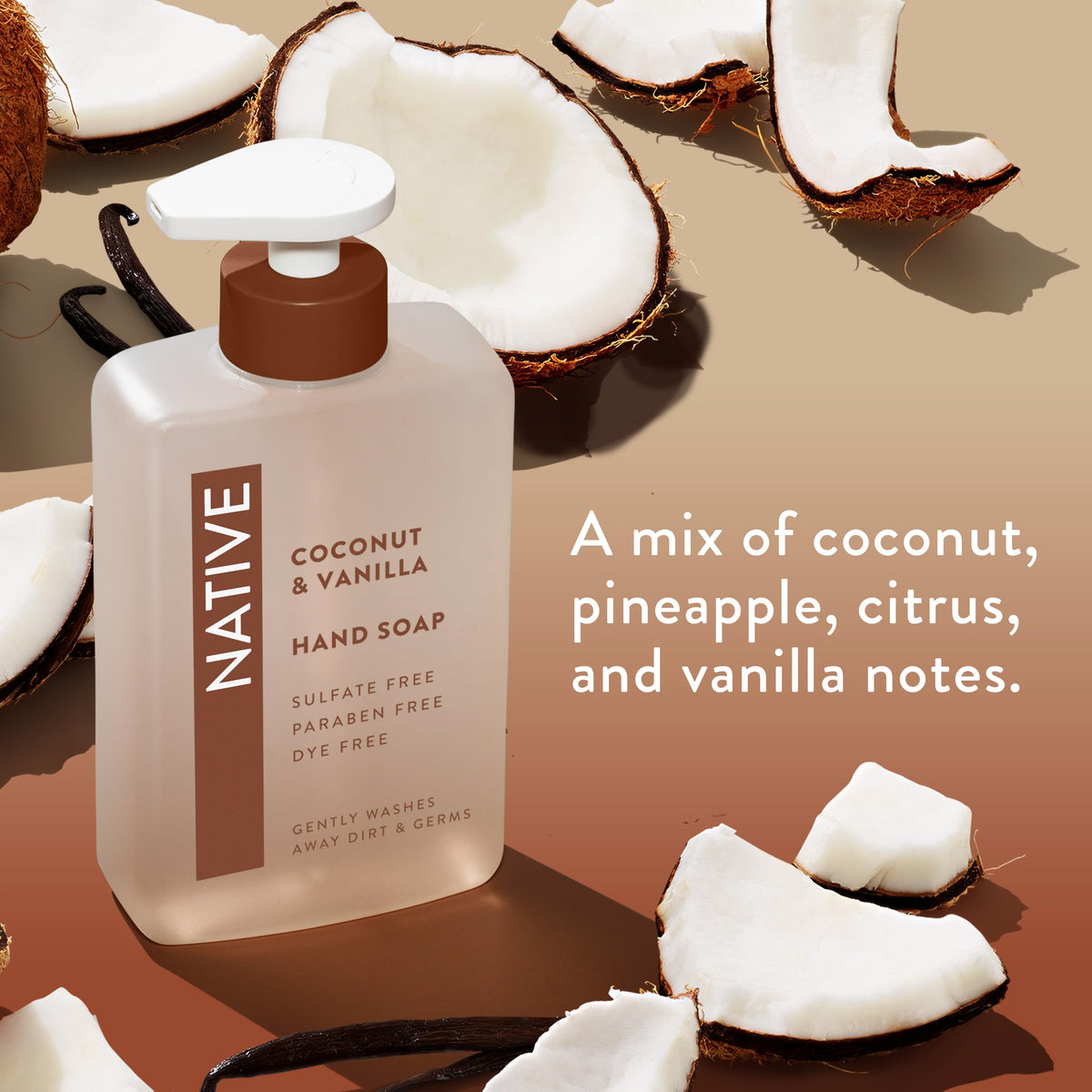 Native Liquid Hand Soap, Coconut & Vanilla Scent, Non-Drying Formula for Soft, Smooth Hands, Made with Plant-Based Cleansers, Sulfate & Paraben Free, 13 oz Bottle Native