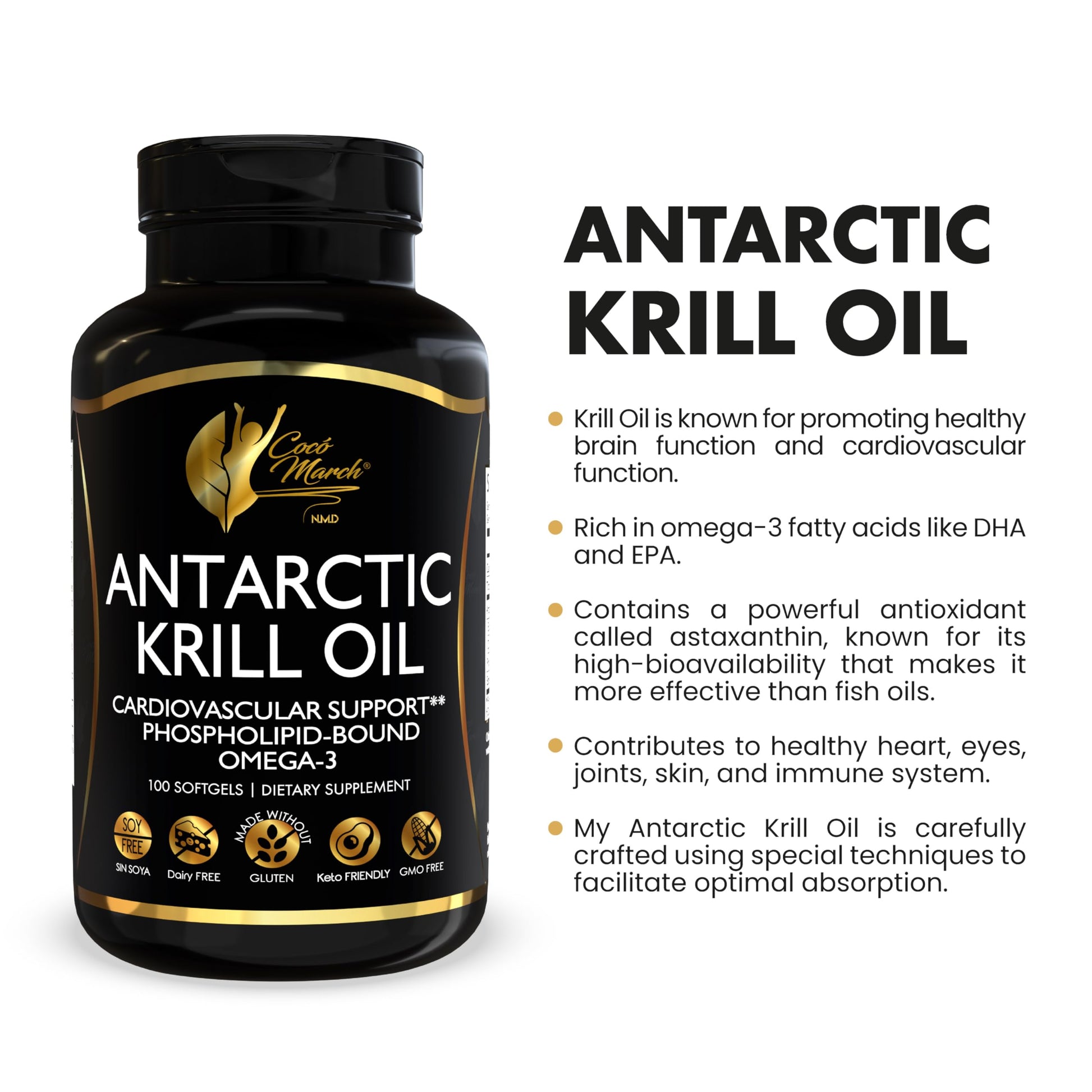 Cocó March N.M.D Pure Antarctic Krill Oil 1000mg – Omega 3 Fish Oil Supplement with EPA, DHA, Choline & Astaxanthin – Fast Absorption, Immune, Heart & Joint Support for Men & Women – 100 Softgels Cocó March N.M.D buy australia supplements