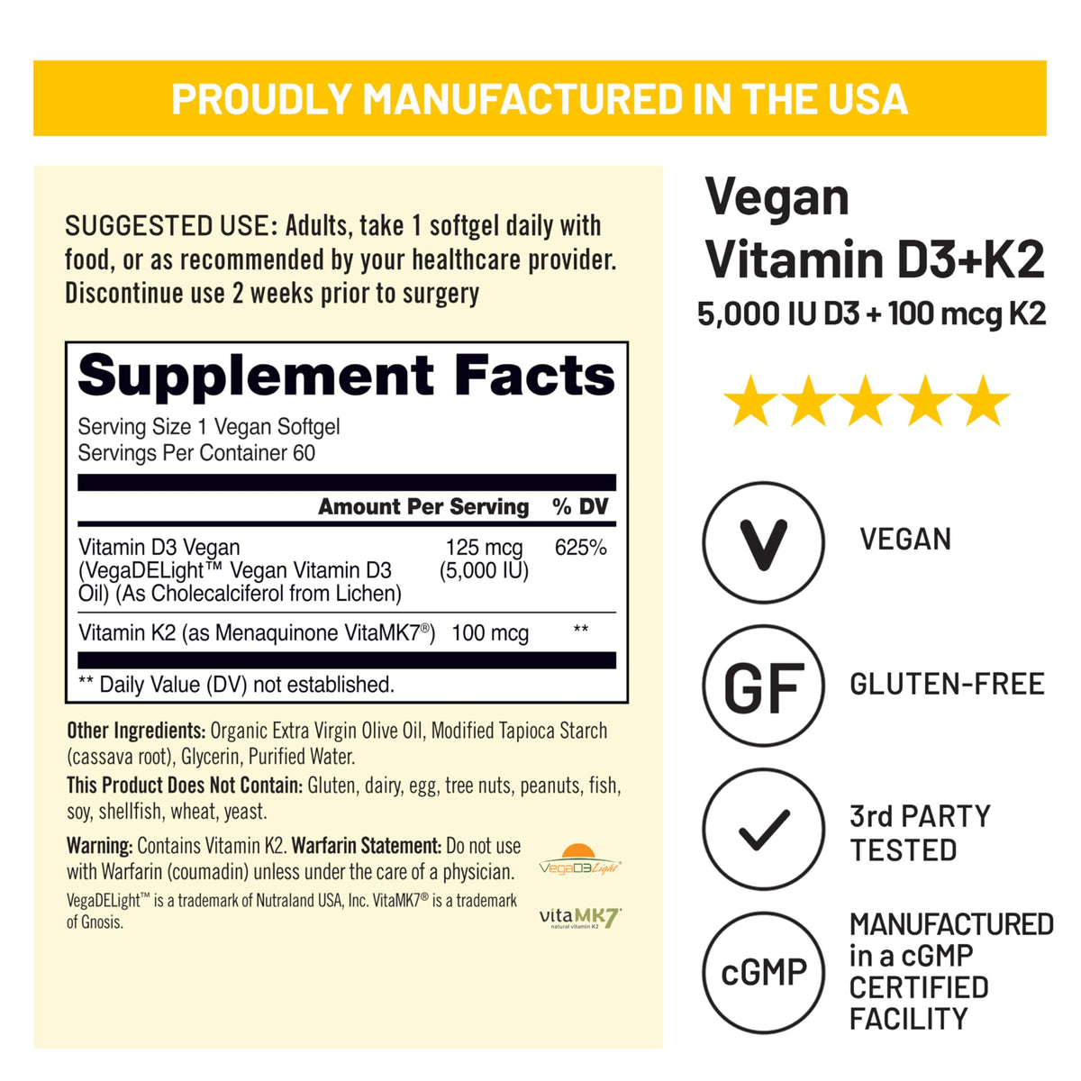 NatureWise Vegan Vitamin D3 + K2 - Natural D3 5000IU + Natural Vitamin K2 100mcg - Bone Support - High Absorption NatureWise