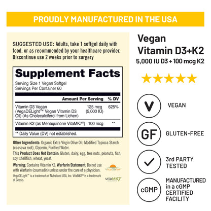 NatureWise Vegan Vitamin D3 + K2 - Natural D3 5000IU + Natural Vitamin K2 100mcg - Bone Support - High Absorption NatureWise