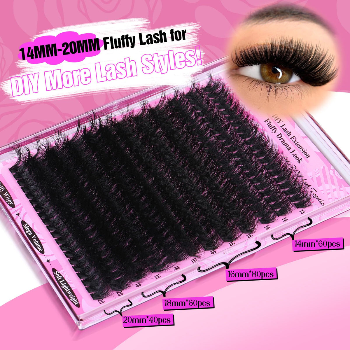 Yawamica Fluffy Lash Clusters Thick 200D Volume Eyelash Clusters 14-20mm Wispy Individual Lashes D Curly Cluster Eyelash Extensions 240pcs DIY Lash Extension for Beginners Yawamica