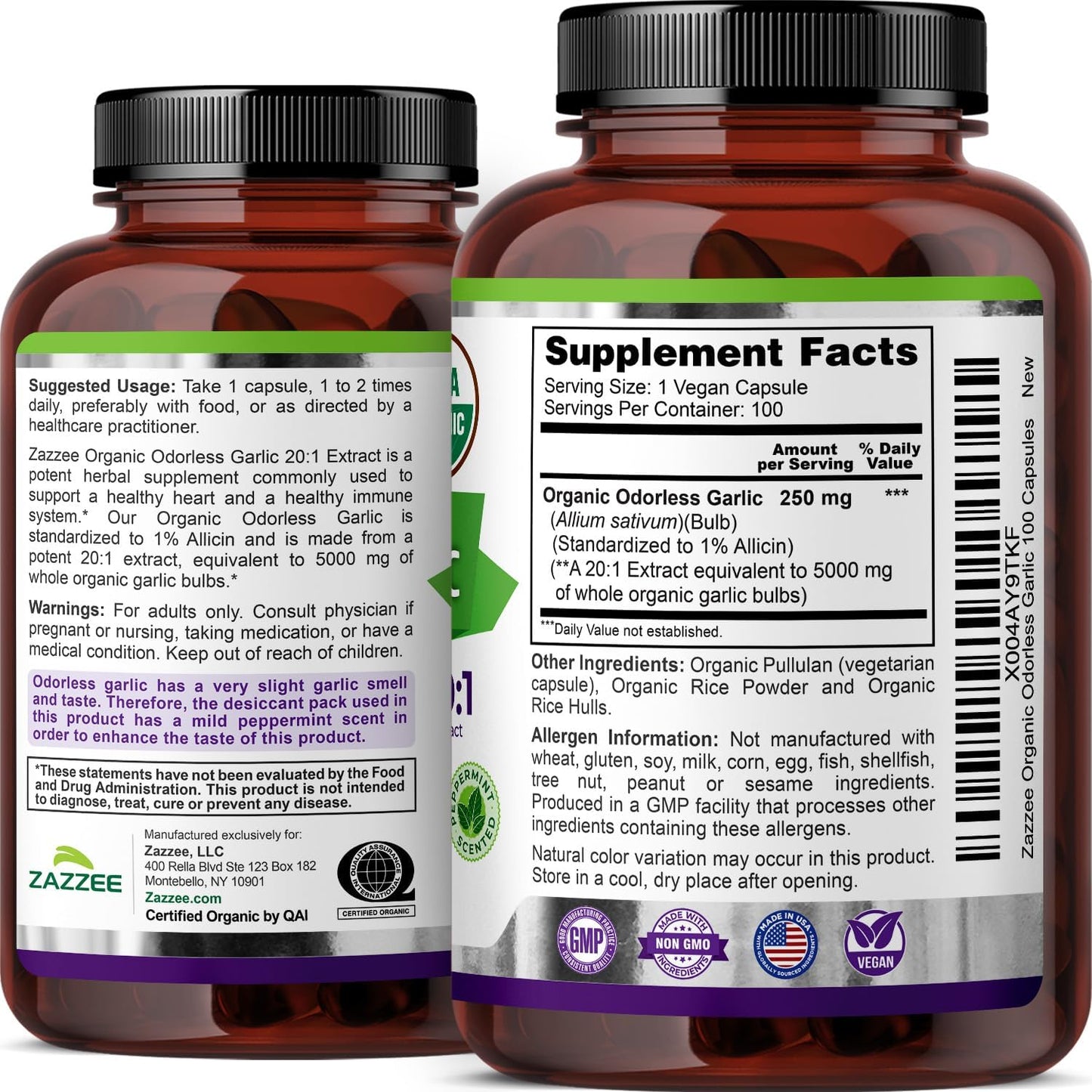 Zazzee USDA Organic Odorless Garlic 20:1 Extract, 1% Allicin, 100 Capsules | Vegan, 3+ Month Supply, Allium Sativum, Immune, Circulation & Heart Health Support, All-Natural, Non-GMO, Made in the USA Gsupps Australia