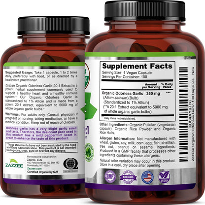 Zazzee USDA Organic Odorless Garlic 20:1 Extract, 1% Allicin, 100 Capsules | Vegan, 3+ Month Supply, Allium Sativum, Immune, Circulation & Heart Health Support, All-Natural, Non-GMO, Made in the USA Gsupps Australia
