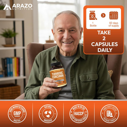Arazo Nutrition Turmeric Curcumin with BioPerine Black Pepper Extract - 1300mg Per Serving - Joint Support Nutritional Supplements - 100% Herbal Tumeric Root Capsules Gsupps Australia
