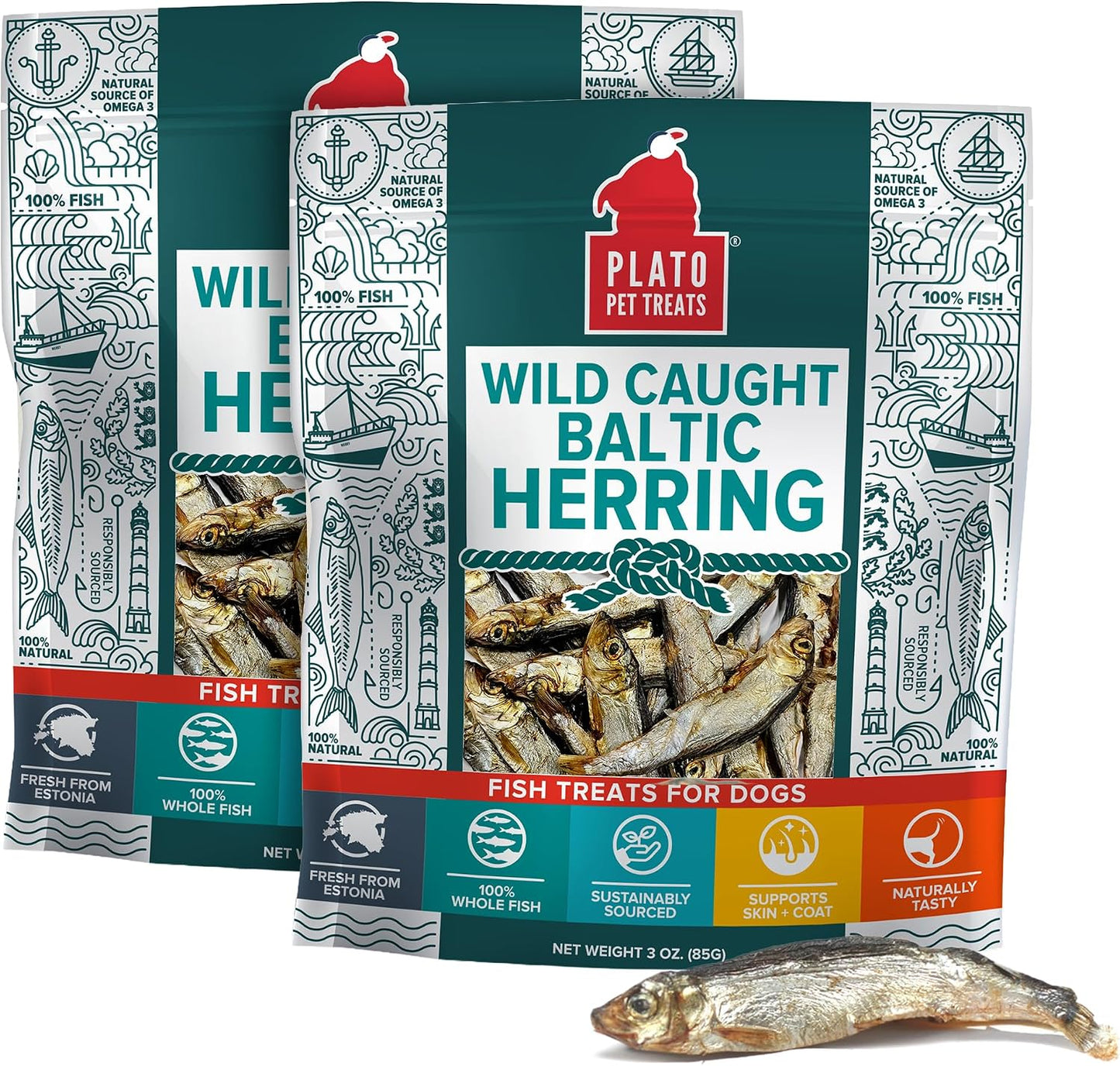 Plato Pet Treats Fish Dog Treats - Air-Dried, Single Ingredient Pet Treat - Omega 3 & 6 Fatty Acids to Support Skin and Coat - 100% Whole Fish - Wild Caught Baltic Herring - 3oz - 2 Pack Gsupps Australia