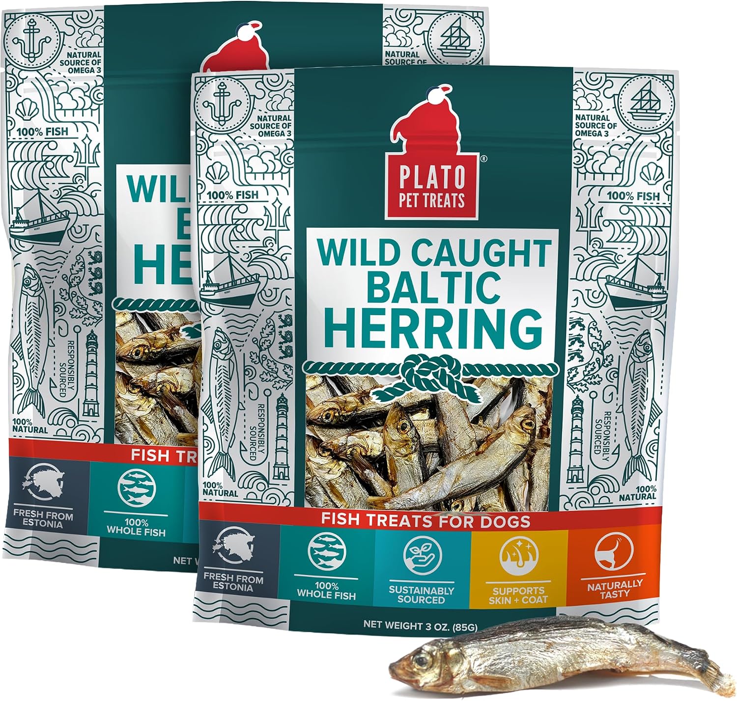 Plato Pet Treats Fish Dog Treats - Air-Dried, Single Ingredient Pet Treat - Omega 3 & 6 Fatty Acids to Support Skin and Coat - 100% Whole Fish - Wild Caught Baltic Herring - 3oz - 2 Pack Gsupps Australia