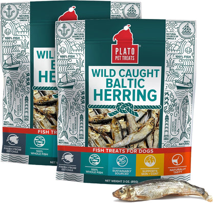Plato Pet Treats Fish Dog Treats - Air-Dried, Single Ingredient Pet Treat - Omega 3 & 6 Fatty Acids to Support Skin and Coat - 100% Whole Fish - Wild Caught Baltic Herring - 3oz - 2 Pack Gsupps Australia