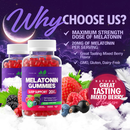 Melatonin 20mg Gummies (120 Count) - Maximum Strength Sleep Support for Adults with 10mg of Melatonin Per Gummy - Gluten-Free, Non-GMO, Vegetarian Just Nutrients
