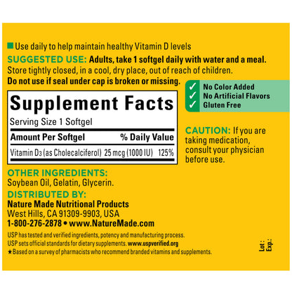 Nature Made Vitamin D3 1000 IU (25 mcg), 300 Vitamin D Softgels | Vitamin D Supplement for Immune, Bone, Teeth and Muscle Health Support, 300 Day Supply Gsupps Australia