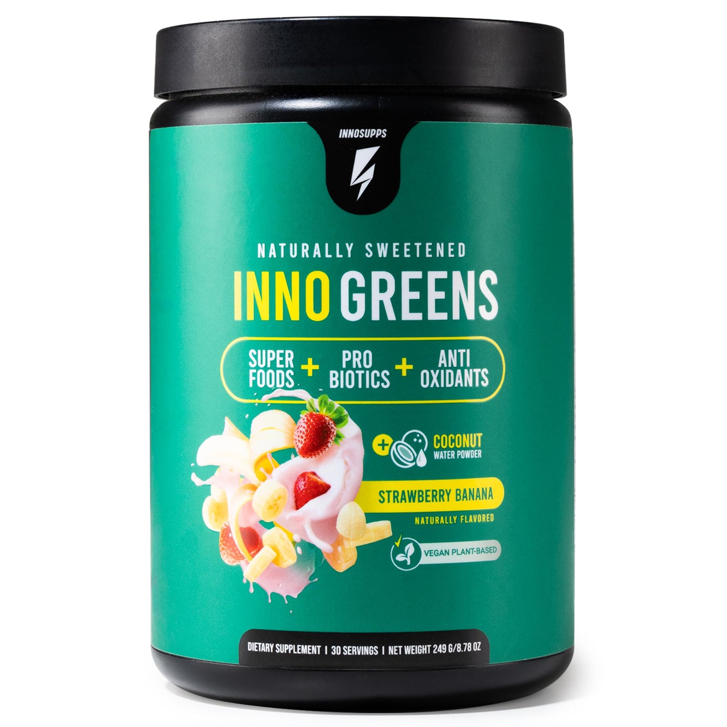 Inno Greens | 28+ Organic Greens & Superfoods | Advanced Prebiotics + Probiotics | Super Antioxidant + Hydration | Spirulina, Chlorella, Ashwagandha | Natural | 30 Servings (Strawberry Banana)