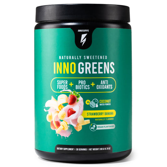 Inno Greens | 28+ Organic Greens & Superfoods | Advanced Prebiotics + Probiotics | Super Antioxidant + Hydration | Spirulina, Chlorella, Ashwagandha | Natural | 30 Servings (Strawberry Banana)
