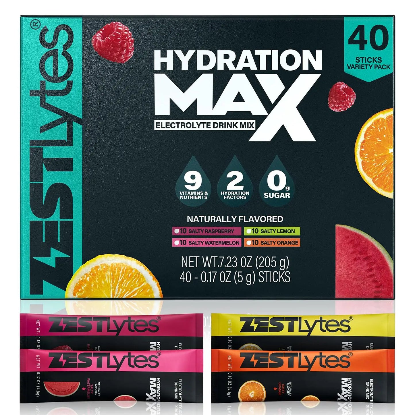 ZestLytes 40 Sticks Sport Hydration Sugar Free Electrolyte Packets, High Sodium Low Calorie Electrolyte Powder Drink Mix, Liquid Daily IV Flavors ZestLytes