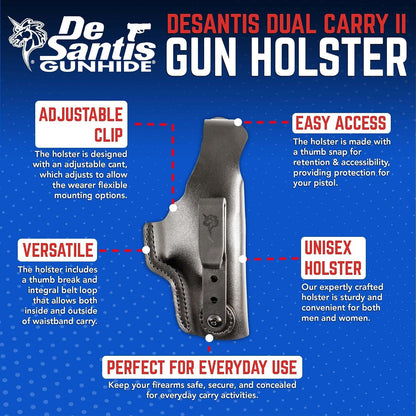 DeSantis Dual Carry II IWB/OWB Holster- Leather Holster, Fits GLOCK 19/19 GEN 5/19X/23/32/36/45/48, Beretta Cougar 9/40, S&W 99/990 L 4"", SIG P225/P228/P229/P225-A1/P220 Carry- Right Hand Draw, Black Gsupps Australia