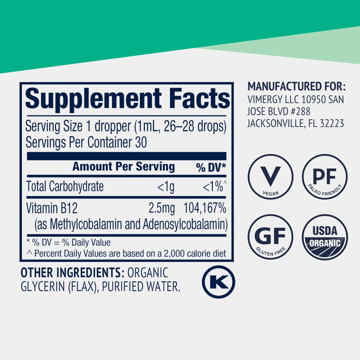 Vimergy USDA Organic Liquid Vitamin B12 Supplement 2500 mcg, Methylcobalamin & Adenosylcobalamin Fast-Absorbing Energy Support, Vegan, Non-GMO B12 Vitamins Vimergy