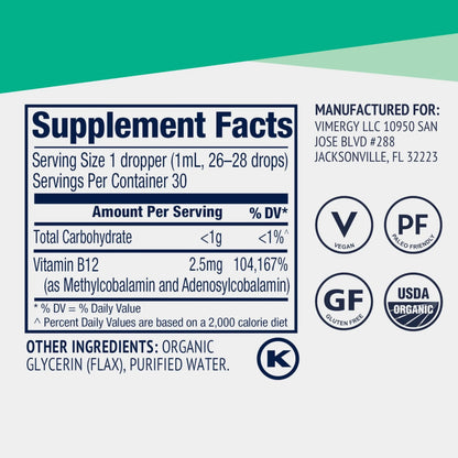 Vimergy USDA Organic Liquid Vitamin B12 Supplement 2500 mcg, Methylcobalamin & Adenosylcobalamin Fast-Absorbing Energy Support, Vegan, Non-GMO B12 Vitamins Vimergy