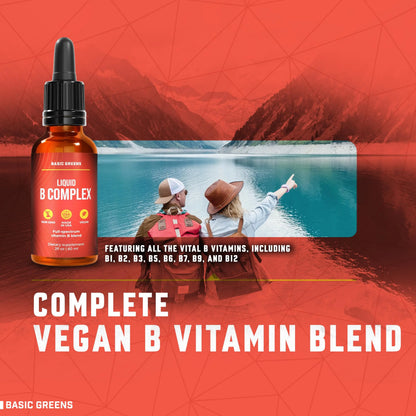 BASIC GREENS Vitamin B Complex Liquid Drops - Strength Sublingual Formula, Maximizes Absorption & Boosts Energy - B1, B2, B3, B5, B6, B7, B9, B12 - Natural Vegan Supplement BASIC GREENS