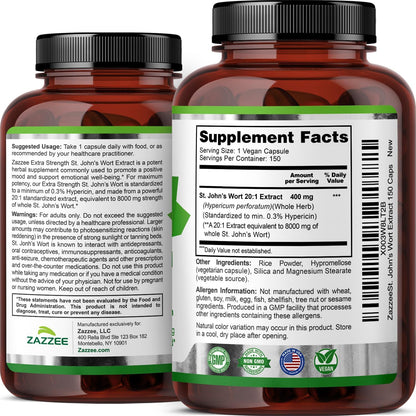 Zazzee Extra Strength St. John’s Wort 20:1 Extract, 0.3% Hypericin, Vegan | 150 Capsules, 5 Month Supply, Mood & Emotional Wellness Support, Hypericum Perforatum, Herbal Supplement, Non-GMO Made in USA Gsupps Australia
