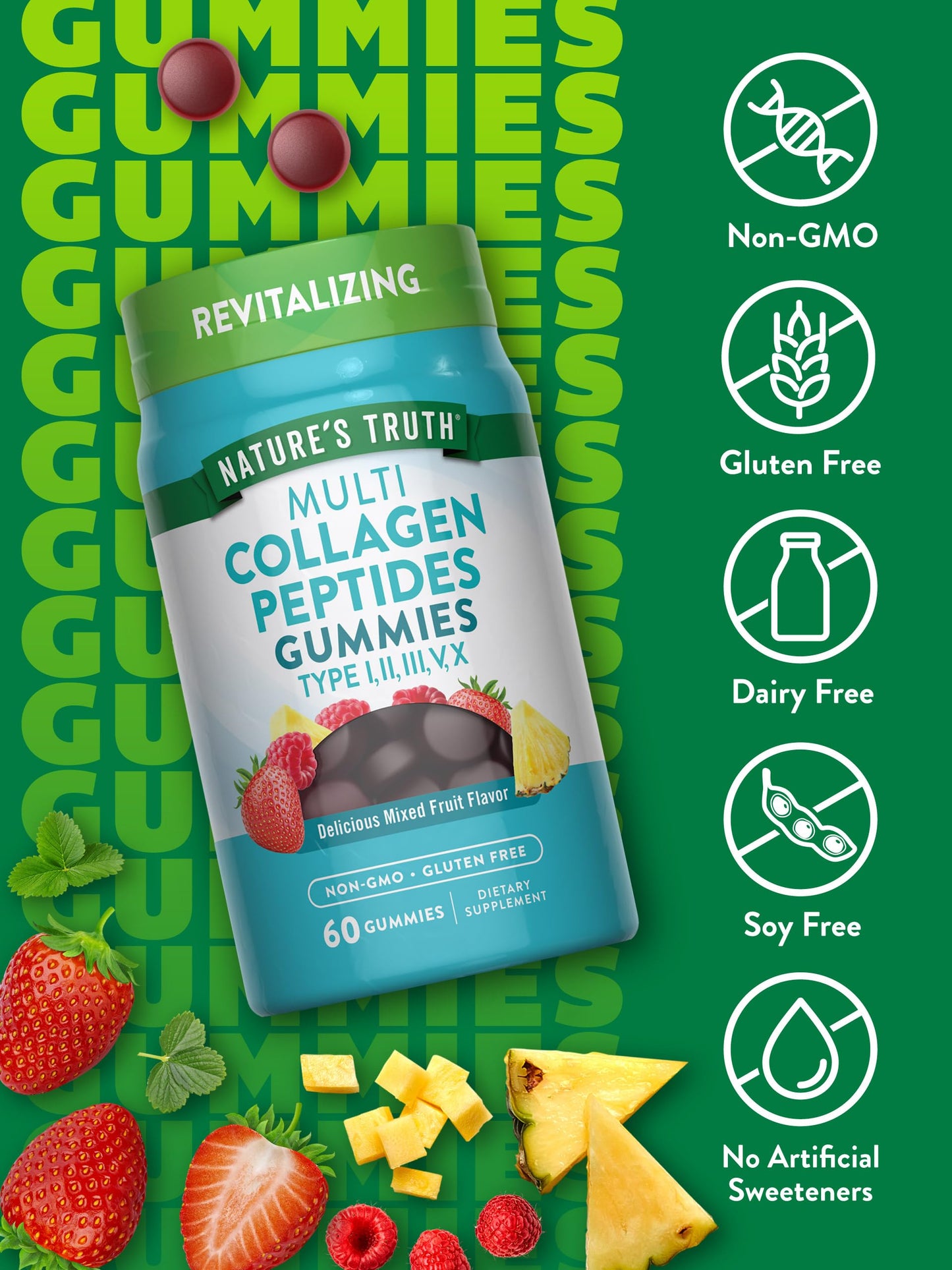 Nature's Truth Multi Collagen Gummies | Type I, II, III, V, X | 60 Count | Non-GMO & Gluten Free Complex Supplement | Mixed Fruit Flavor Nature's Truth