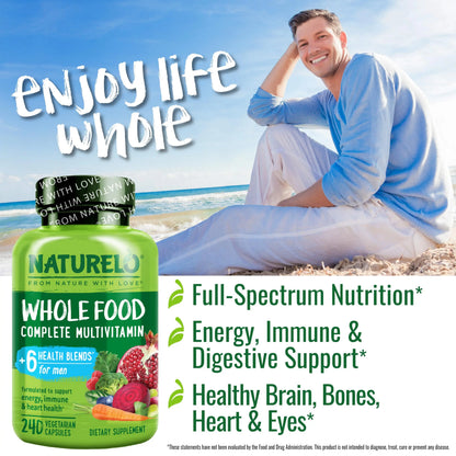 NATURELO Mens Multivitamins - Whole Food Multivitamin for Men with Vitamins, Minerals - 240 Vegetarian Capsules for Energy, Brain, Heart, Eye Health* NATURELO