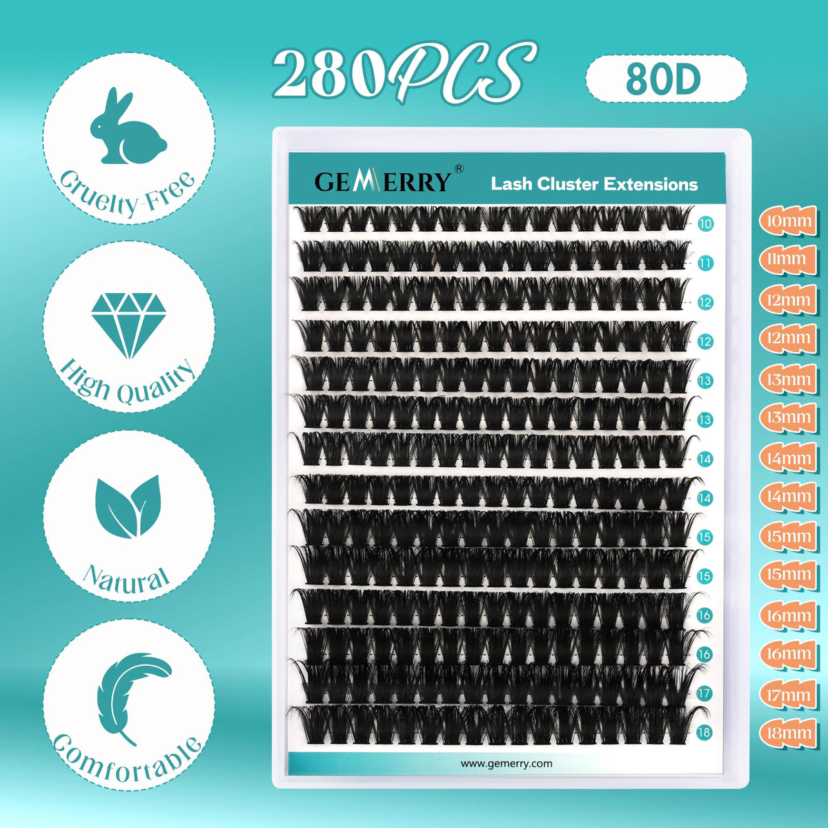 GEMERRY DIY Lash Clusters Kit 80D Bond Seal 280 PCS D Curl 10-18MIX GEMERRY