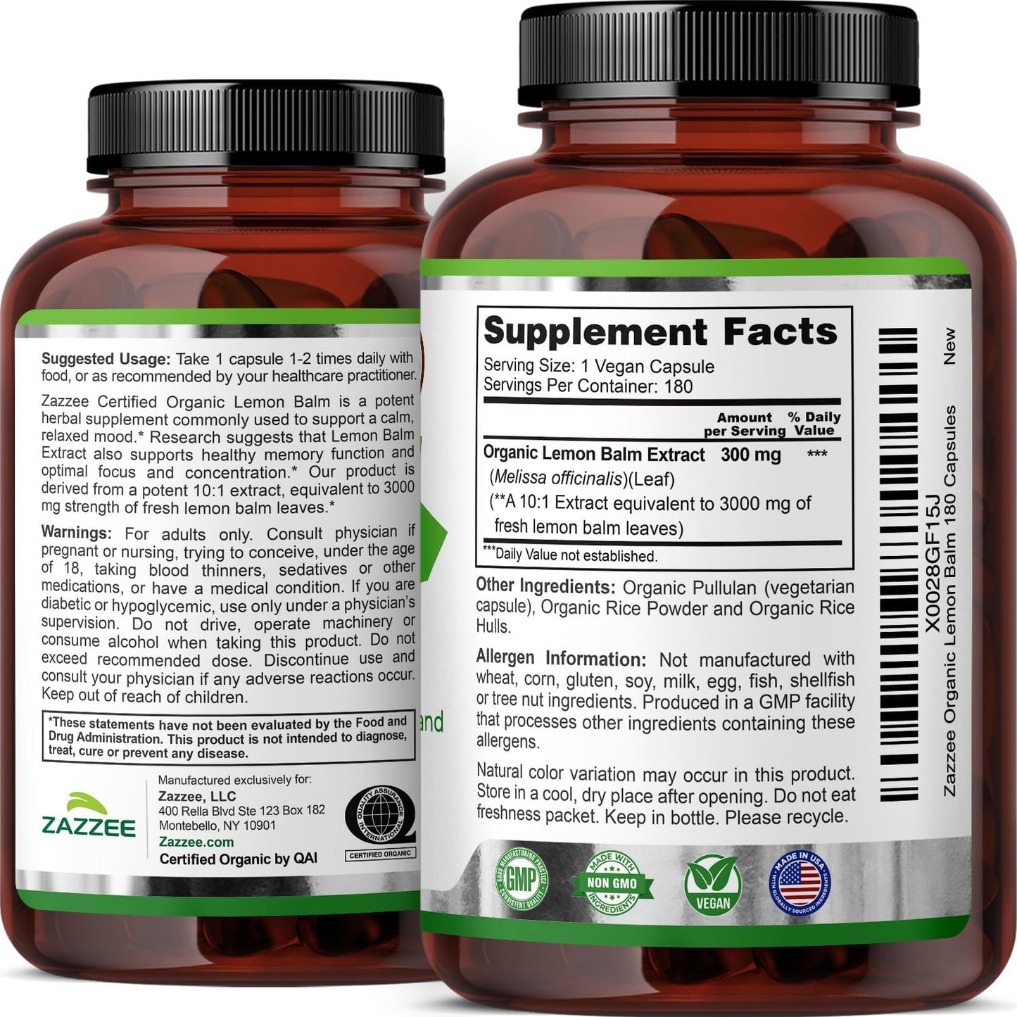 Zazzee USDA Organic Lemon Balm 10:1 Extract, 180 Capsules, 6 Month Supply | Vegan, All-Natural, Non-GMO, Melissa Officinalis, Calm, Mood, Stress & Relaxation Support, Herbal Supplement, Made in the USA Gsupps Australia