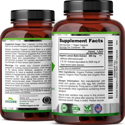 Zazzee USDA Organic Lemon Balm 10:1 Extract, 180 Capsules, 6 Month Supply | Vegan, All-Natural, Non-GMO, Melissa Officinalis, Calm, Mood, Stress & Relaxation Support, Herbal Supplement, Made in the USA Gsupps Australia
