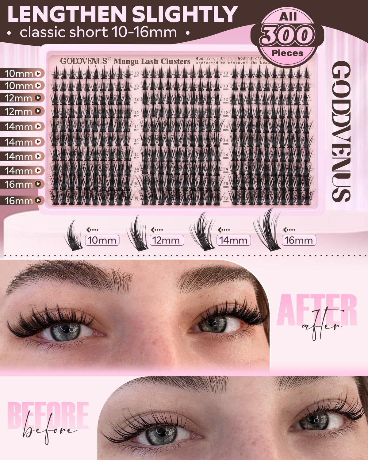 Goddvenus Manga Lash Clusters Natural Wispy 300 Pcs Fairy Eyelash Clusters 10-16mm Fluffy Cluster Eyelash Extensions Anime Cosplay No Plastic Feel Individual Lash Extension CC Curve Goddvenus