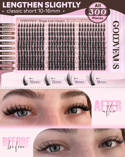 Goddvenus Manga Lash Clusters Natural Wispy 300 Pcs Fairy Eyelash Clusters 10-16mm Fluffy Cluster Eyelash Extensions Anime Cosplay No Plastic Feel Individual Lash Extension CC Curve Goddvenus